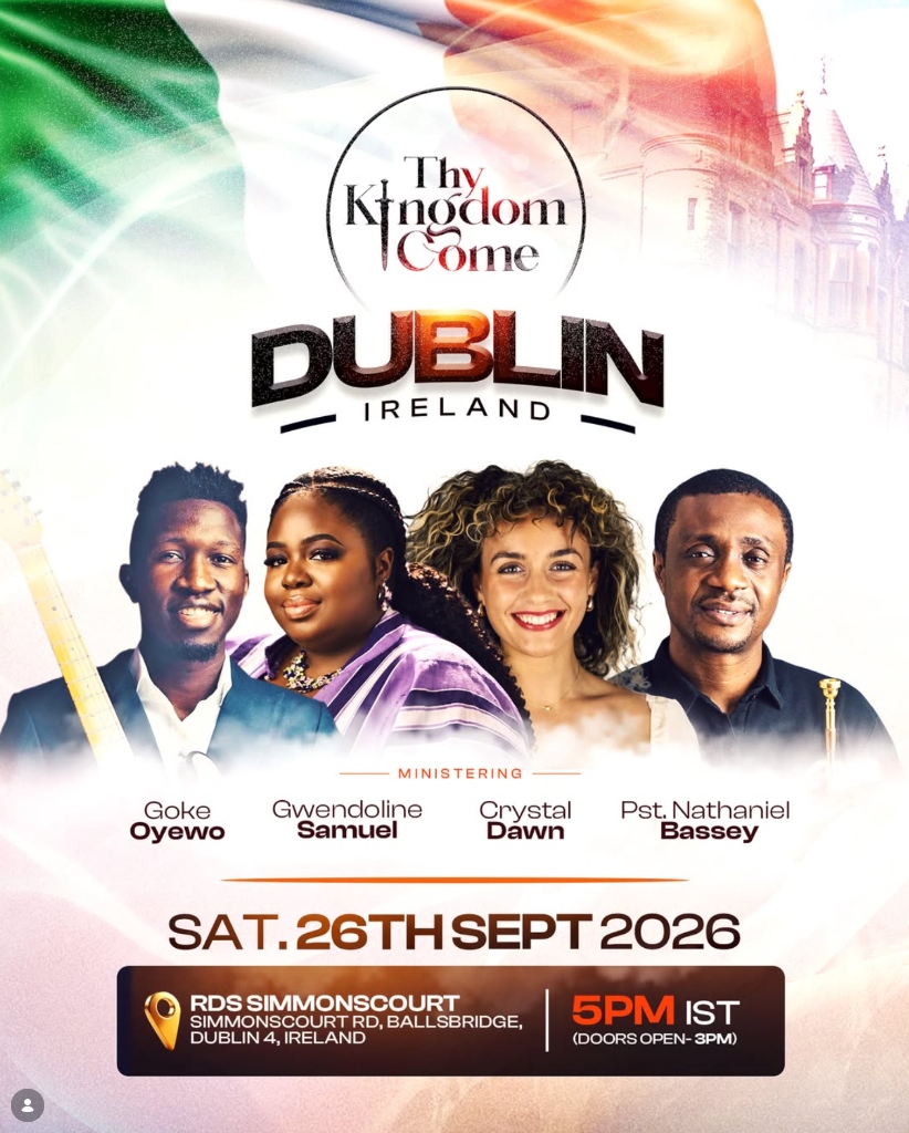 Thy Kingdom Come Dublin official event artwork featuring ministers Goke Oyewo, Gwendoline Samuel, Crystal Dawn, and Pastor Nathaniel Bassey at RDS Simmonscourt on 26 September 2026